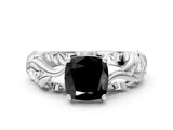 White gold Fancy Black Cushion Cut Solitaire Diamond Leaf-Inspired Vine Band Ring with Prong Setting