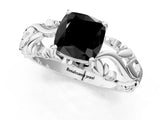 White gold Fancy Black Cushion Cut Solitaire Diamond Leaf-Inspired Vine Band Ring with Prong Setting_1