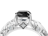 White gold Fancy Black Cushion Cut Solitaire Diamond Leaf-Inspired Vine Band Ring with Prong Setting_4