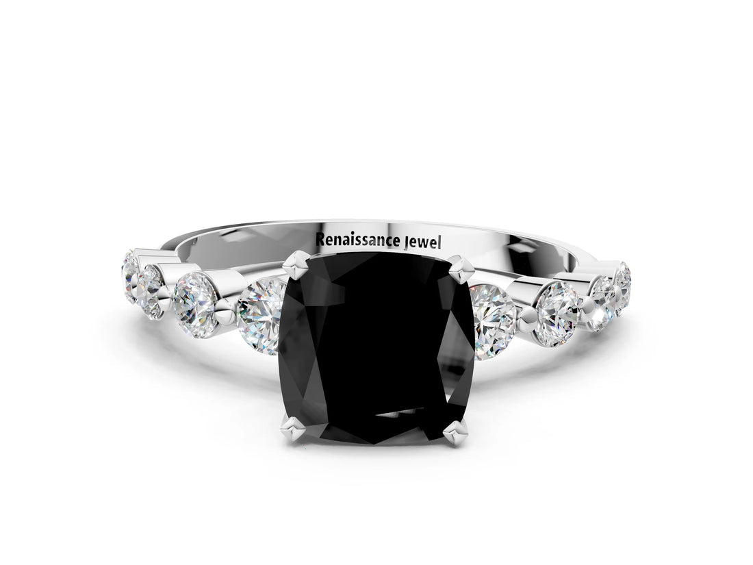 White gold Fancy Black Cushion Cut Solitaire Diamond Ring with Pave Band and Four-Prong Setting