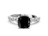 White gold Fancy Black Cushion Cut Solitaire Diamond Ring with Pave Band and Four-Prong Setting