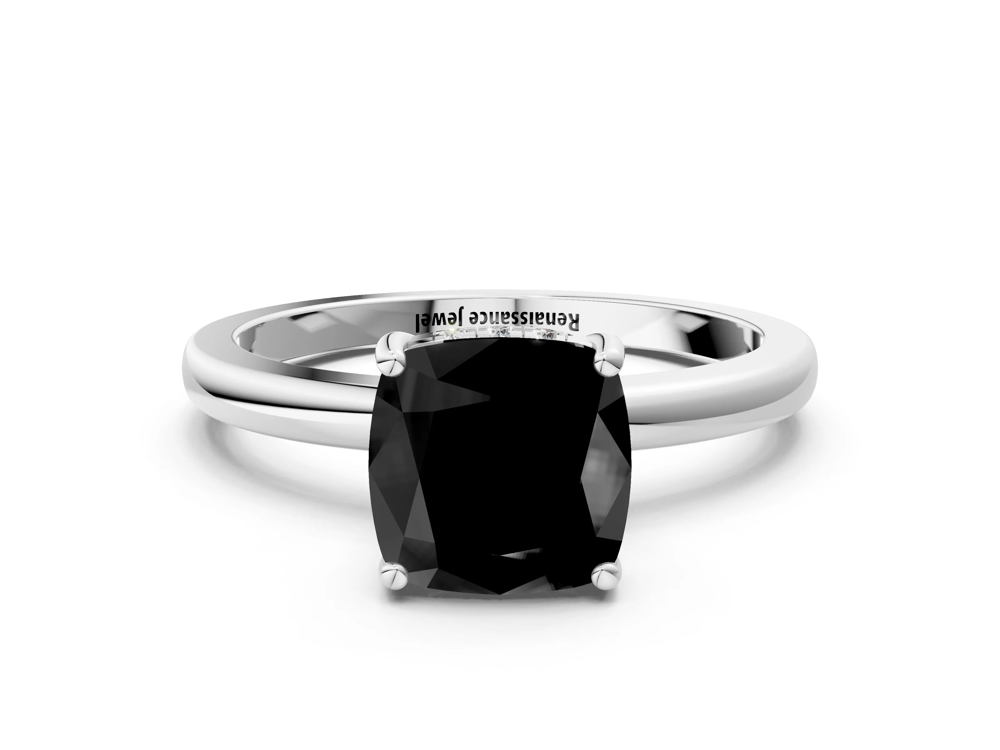 White gold Fancy Black Cushion Cut Solitaire Diamond Ring with Prong Setting and Plain Band_12
