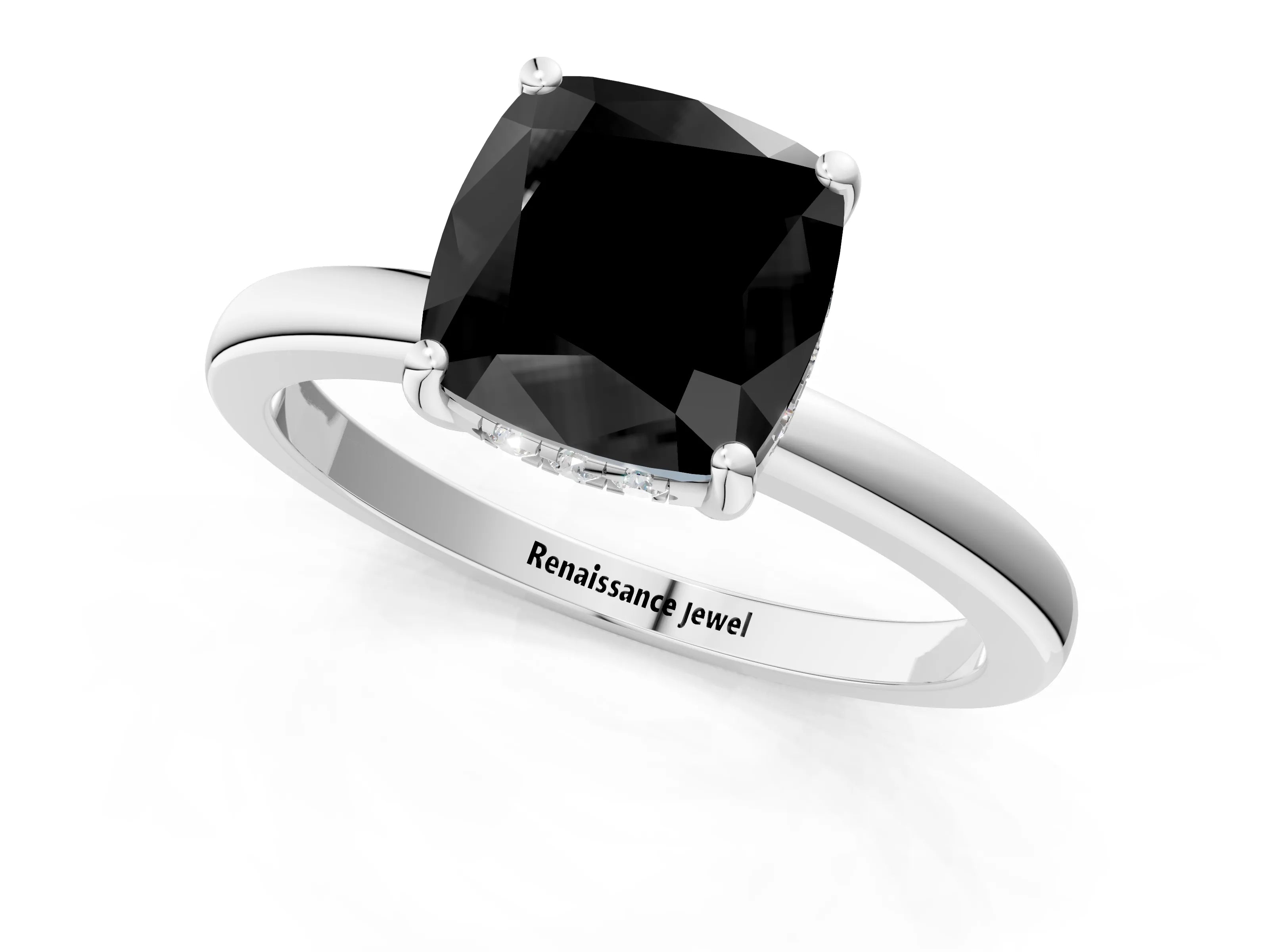 White gold Fancy Black Cushion Cut Solitaire Diamond Ring with Prong Setting and Plain Band_13