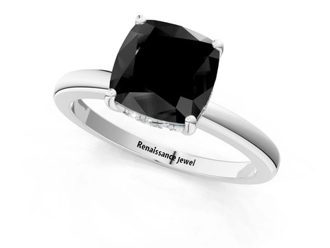 White gold Fancy Black Cushion Cut Solitaire Diamond Ring with Prong Setting and Plain Band_13