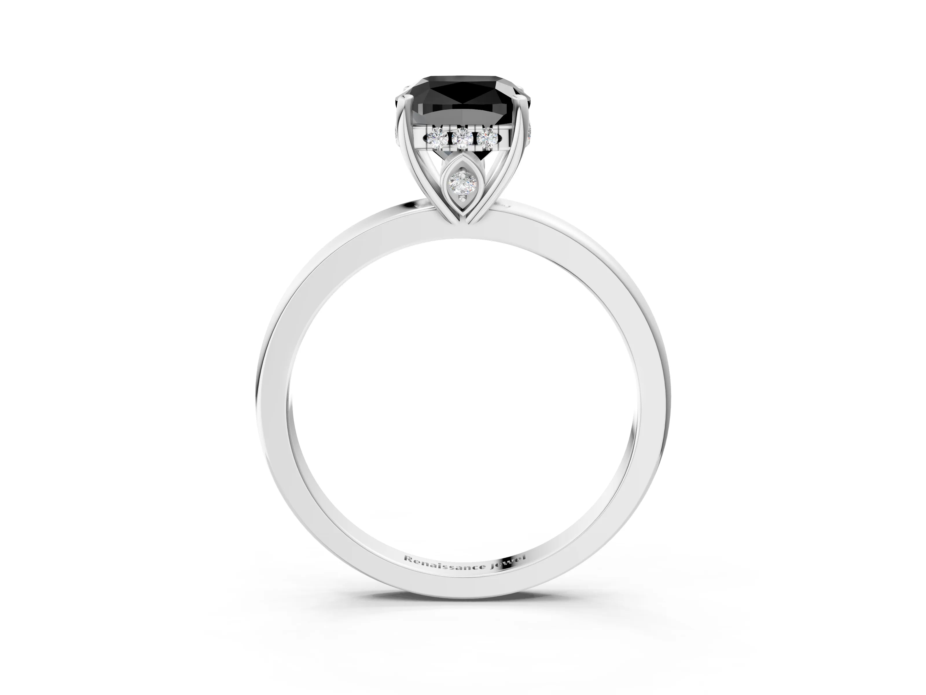 White gold Fancy Black Cushion Cut Solitaire Diamond Ring with Prong Setting and Plain Band_15