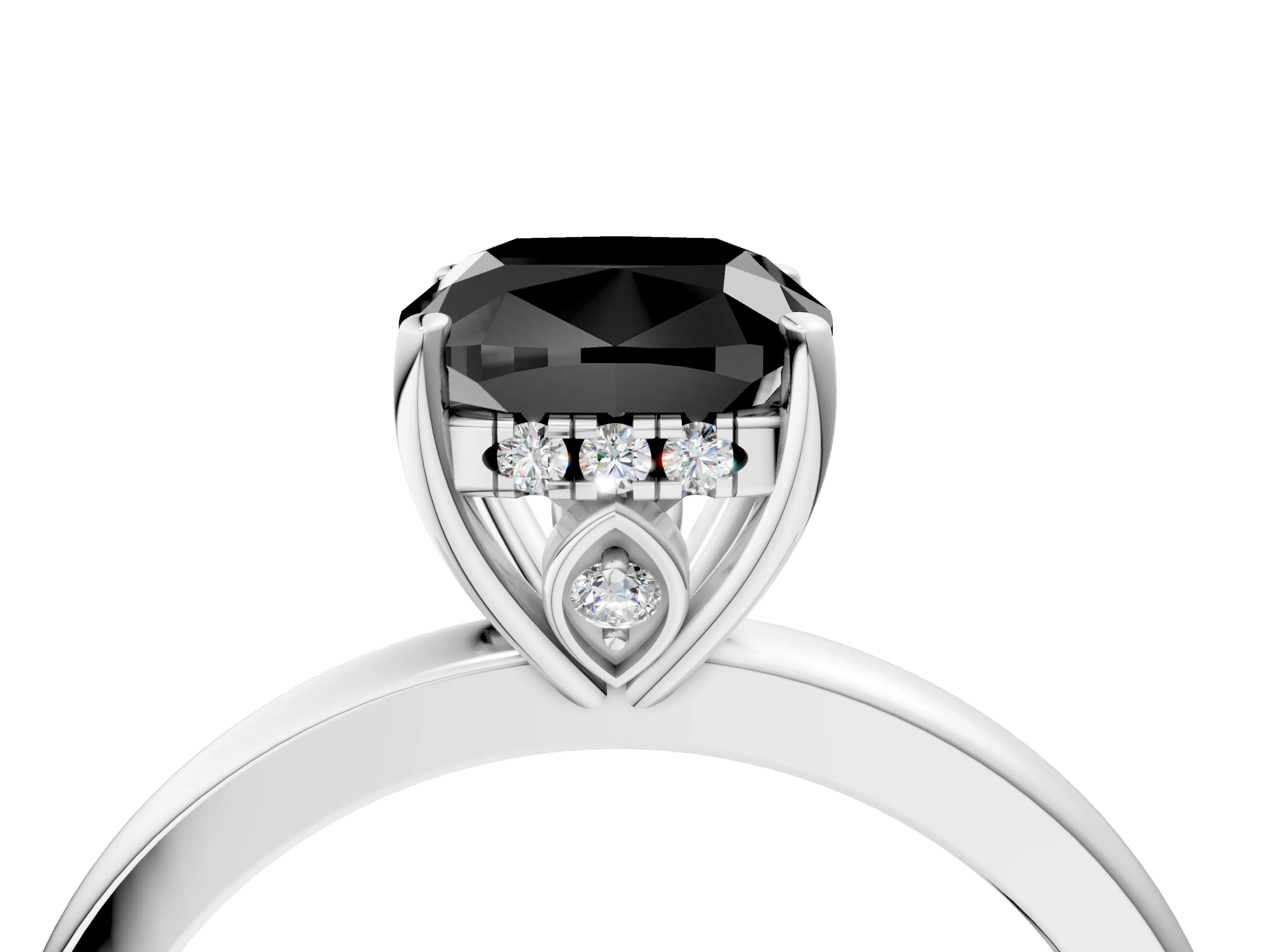 White gold Fancy Black Cushion Cut Solitaire Diamond Ring with Prong Setting and Plain Band_16