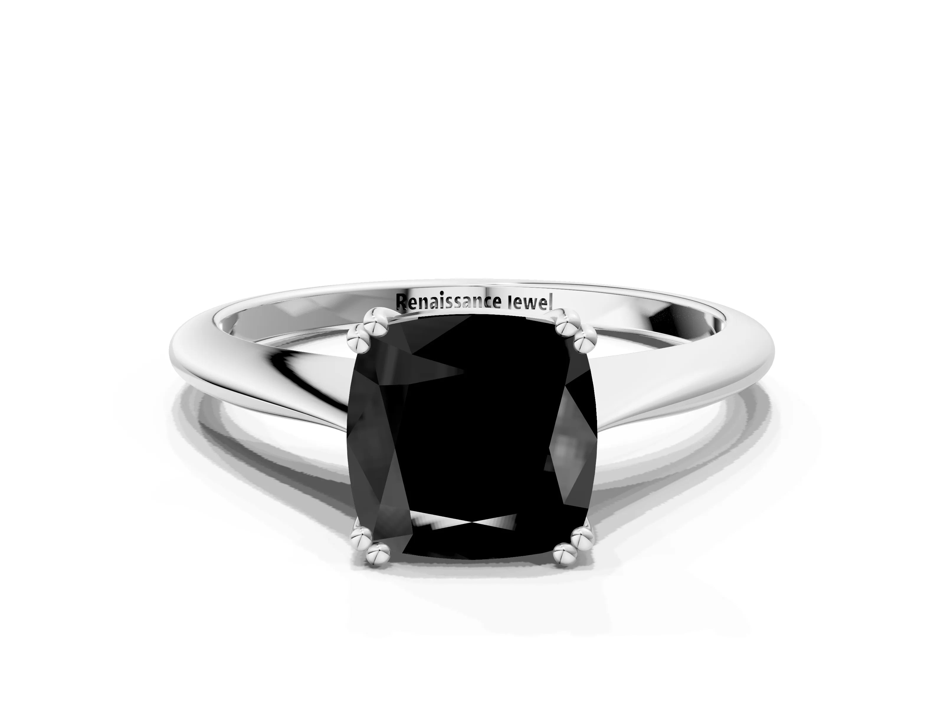 White gold Fancy Black Cushion Cut Solitaire Diamond Ring with Six-Prong Setting and Classic Band
