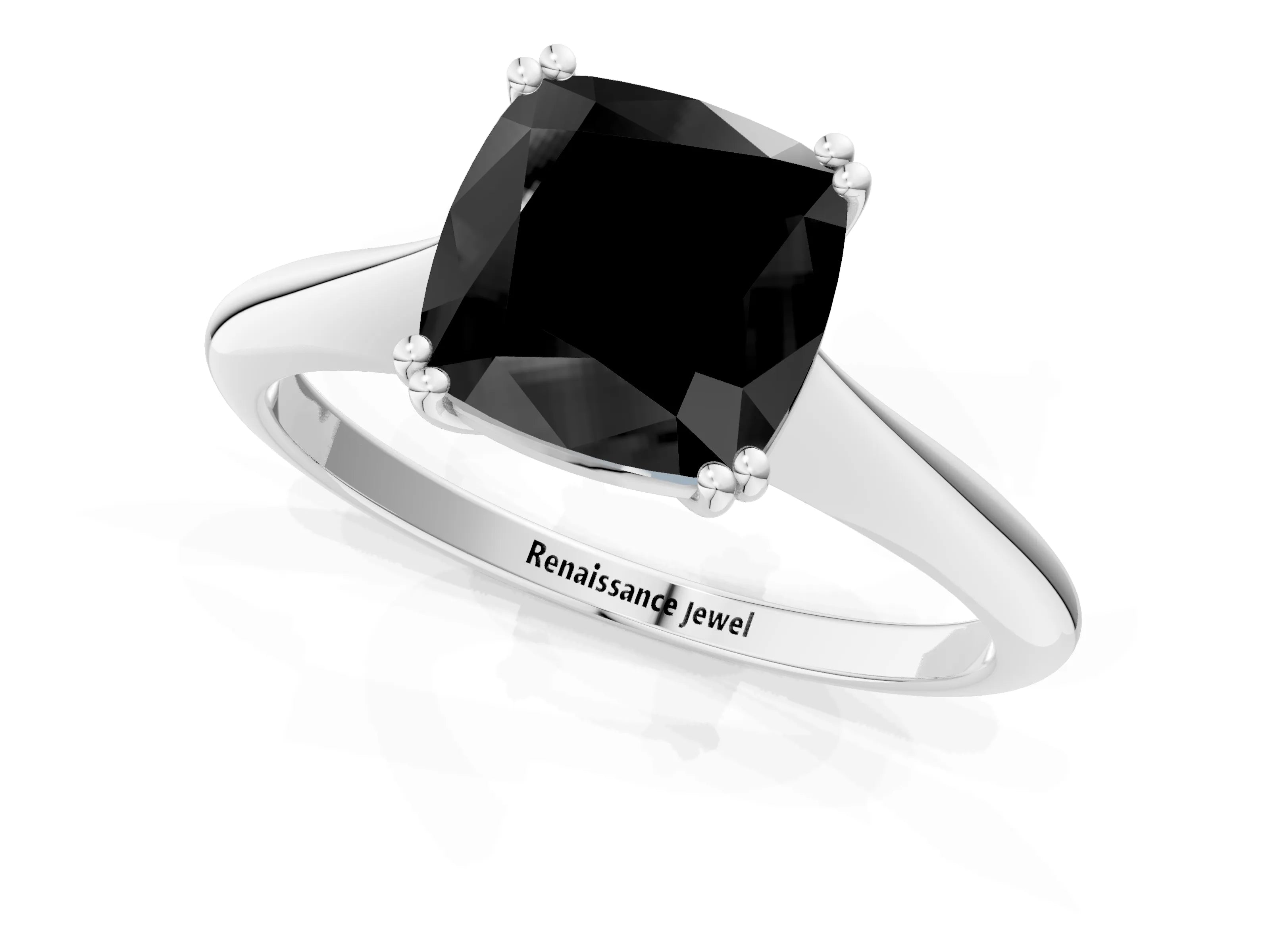 White gold Fancy Black Cushion Cut Solitaire Diamond Ring with Six-Prong Setting and Classic Band_1
