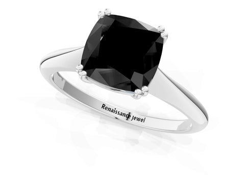 White gold Fancy Black Cushion Cut Solitaire Diamond Ring with Six-Prong Setting and Classic Band_1