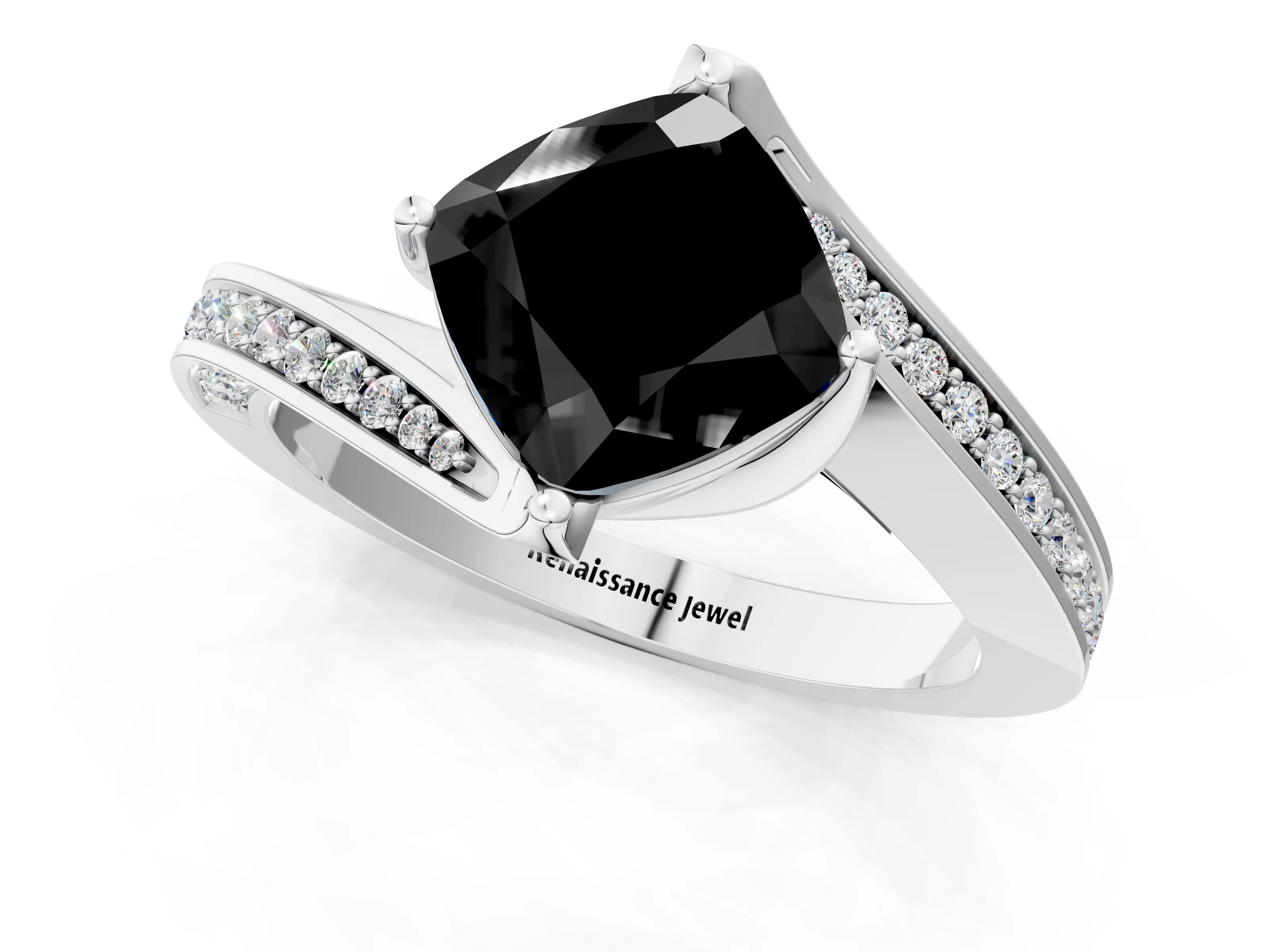 White gold Fancy Black Cushion Cut Solitaire Diamond Twist Band with Pavé Setting and Four-Prong Setting_1