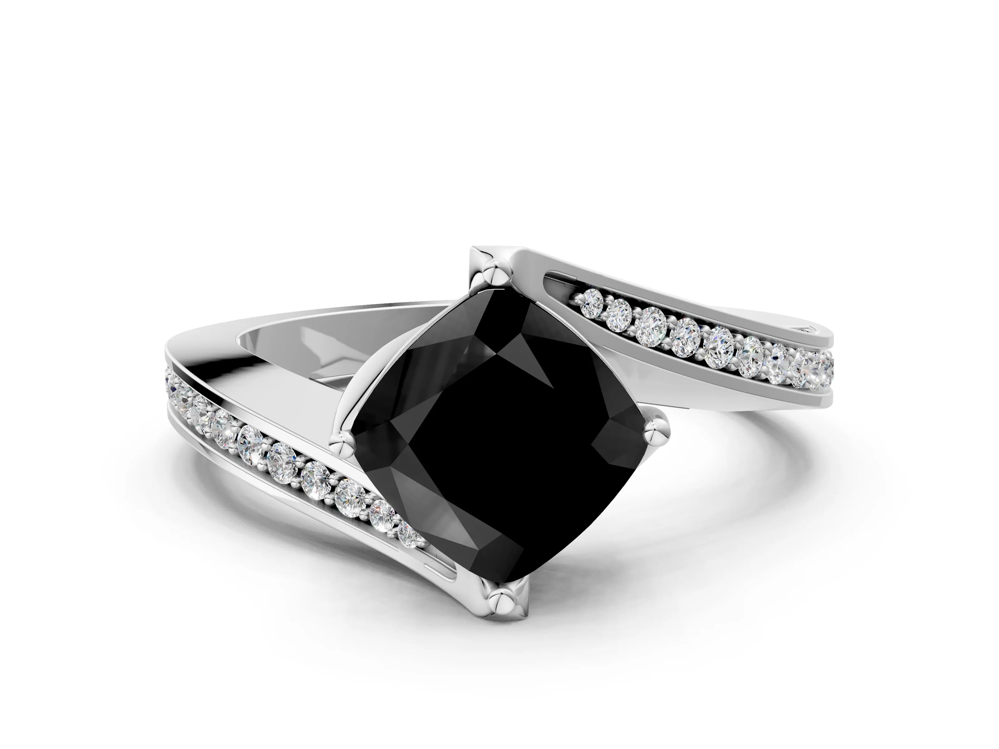 White gold Fancy Black Cushion Cut Solitaire Diamond Twist Band with Pavé Setting and Four-Prong Setting_12