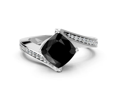 White gold Fancy Black Cushion Cut Solitaire Diamond Twist Band with Pavé Setting and Four-Prong Setting_12