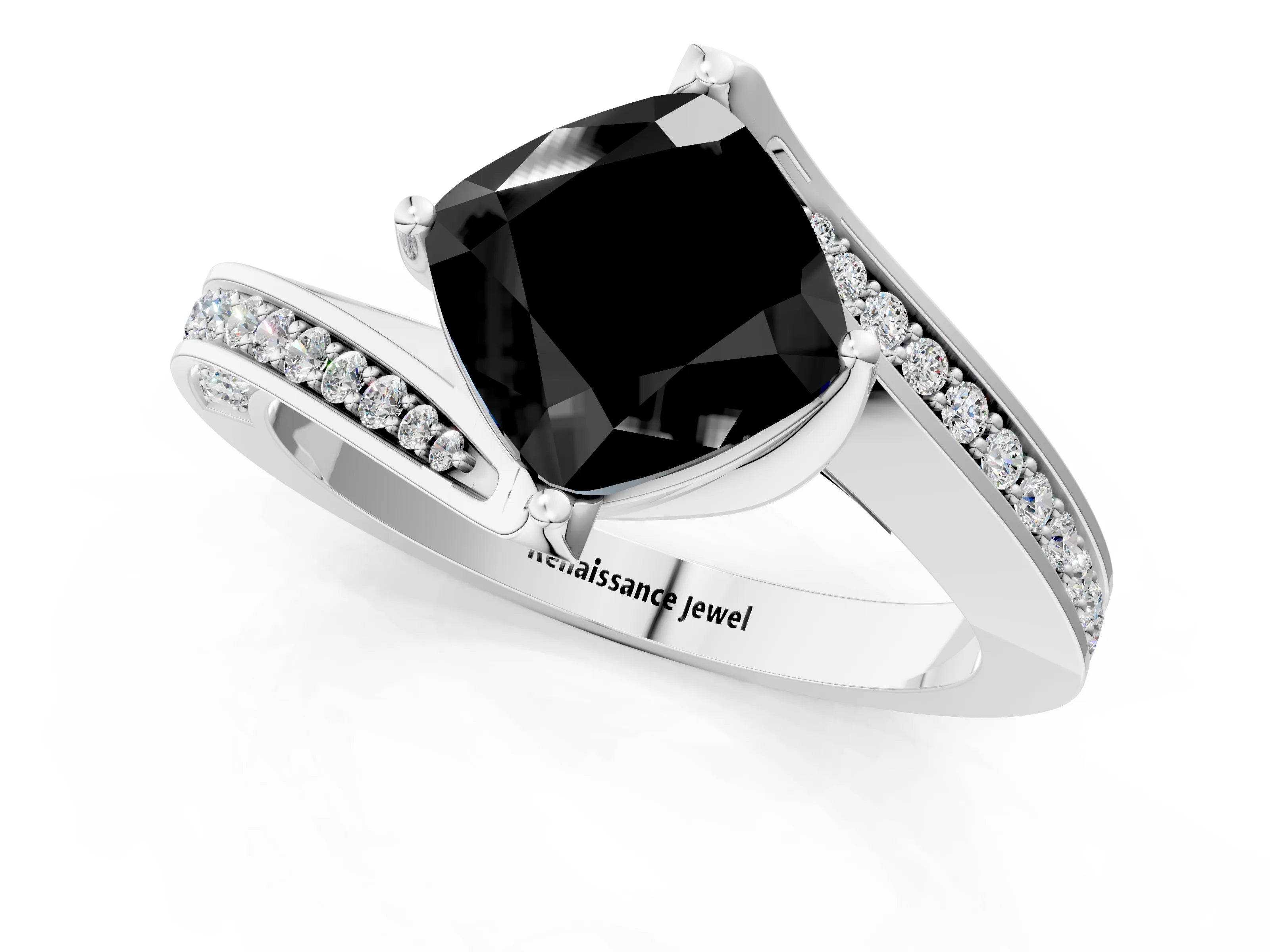 White gold Fancy Black Cushion Cut Solitaire Diamond Twist Band with Pavé Setting and Four-Prong Setting_13