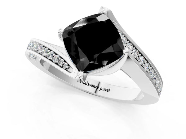White Gold Cushion Cut Swirl Bypass Pave Engagement Ring Setting for Black Center