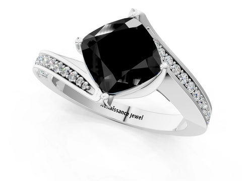 White gold Fancy Black Cushion Cut Solitaire Diamond Twist Band with Pavé Setting and Four-Prong Setting_13