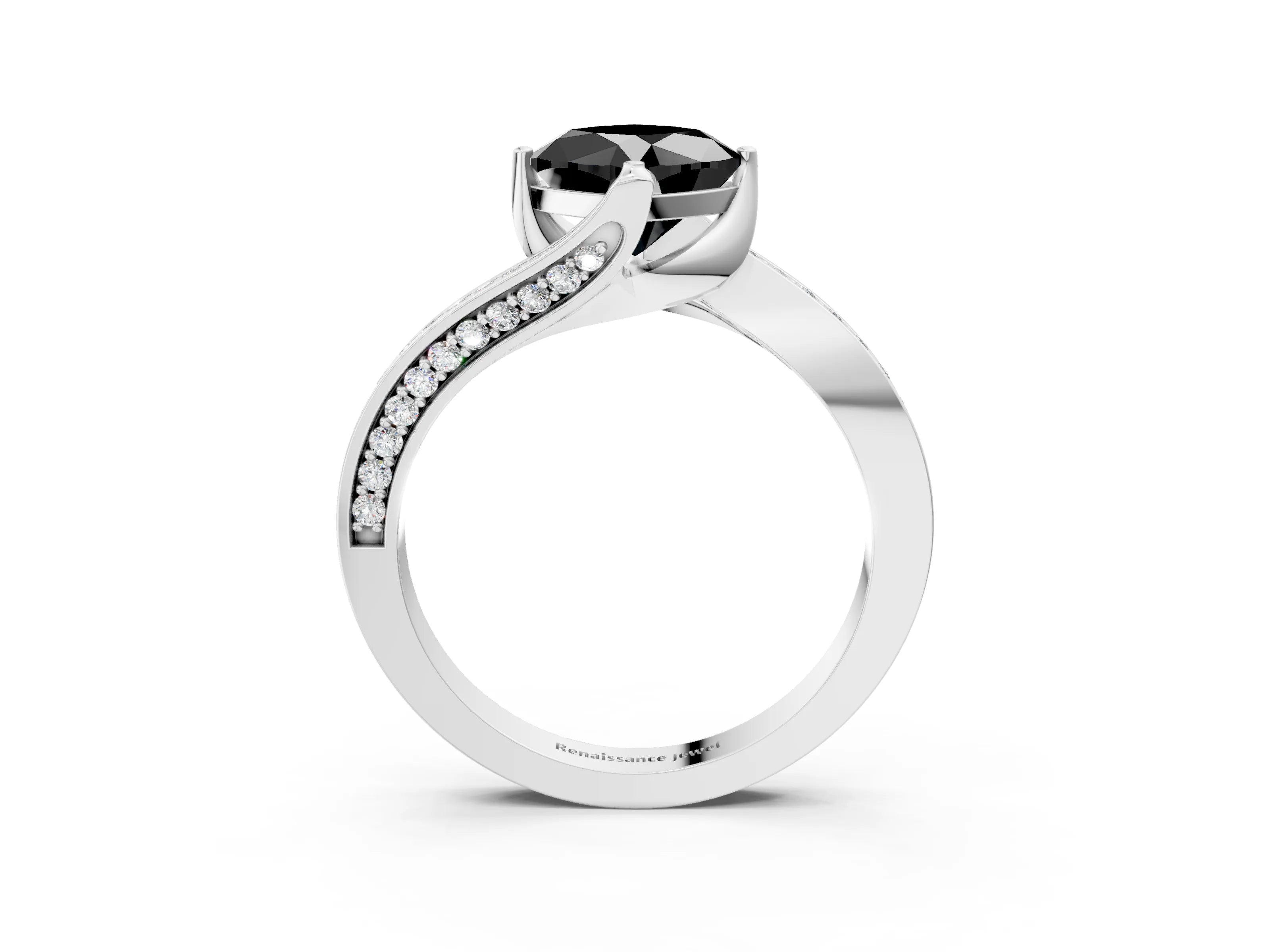 White gold Fancy Black Cushion Cut Solitaire Diamond Twist Band with Pavé Setting and Four-Prong Setting_15