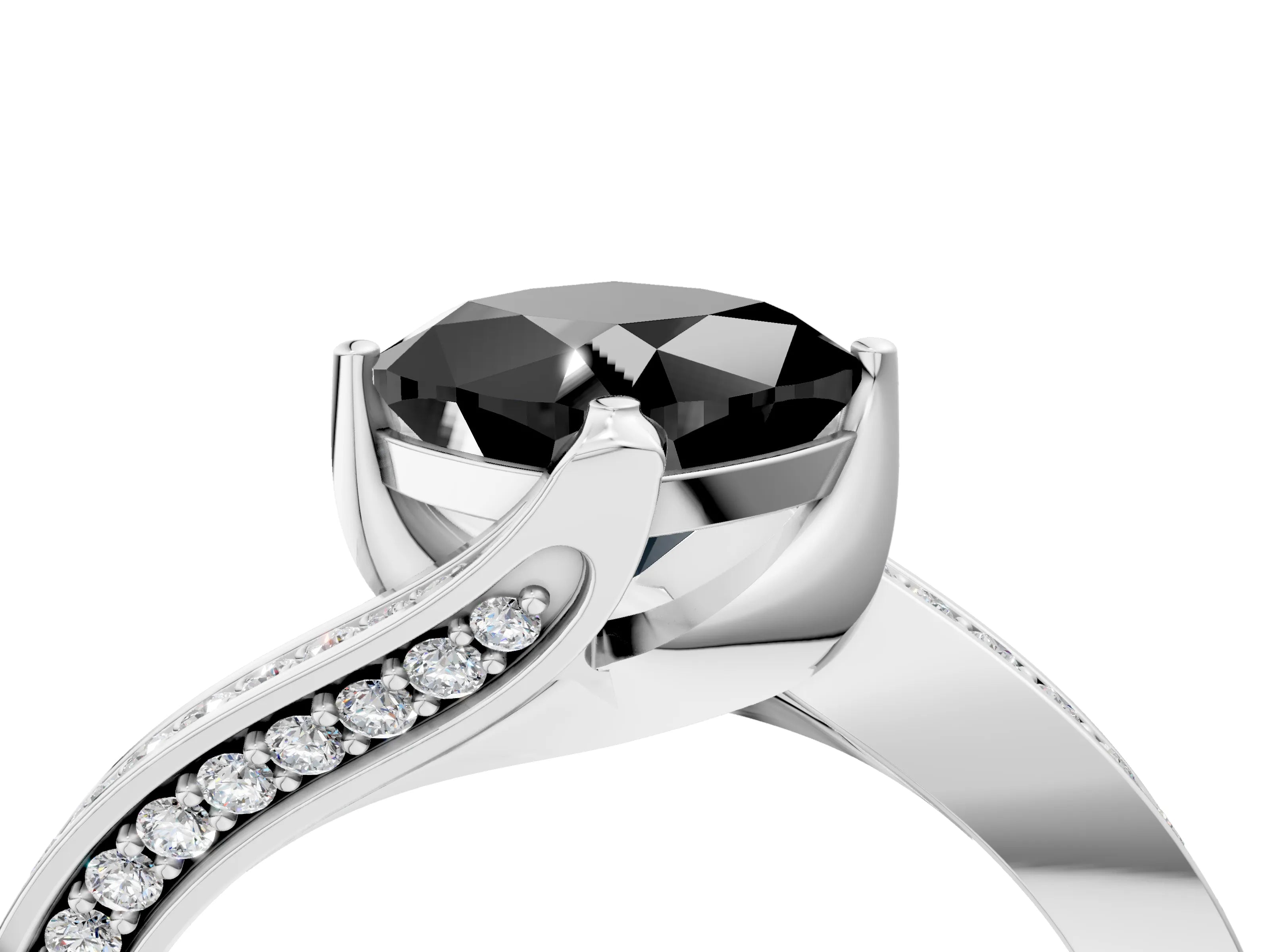 White gold Fancy Black Cushion Cut Solitaire Diamond Twist Band with Pavé Setting and Four-Prong Setting_16