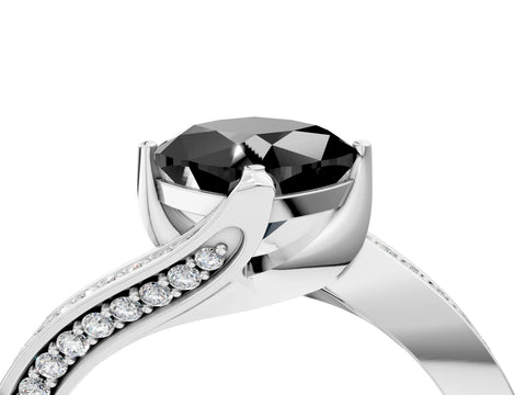 White gold Fancy Black Cushion Cut Solitaire Diamond Twist Band with Pavé Setting and Four-Prong Setting_16