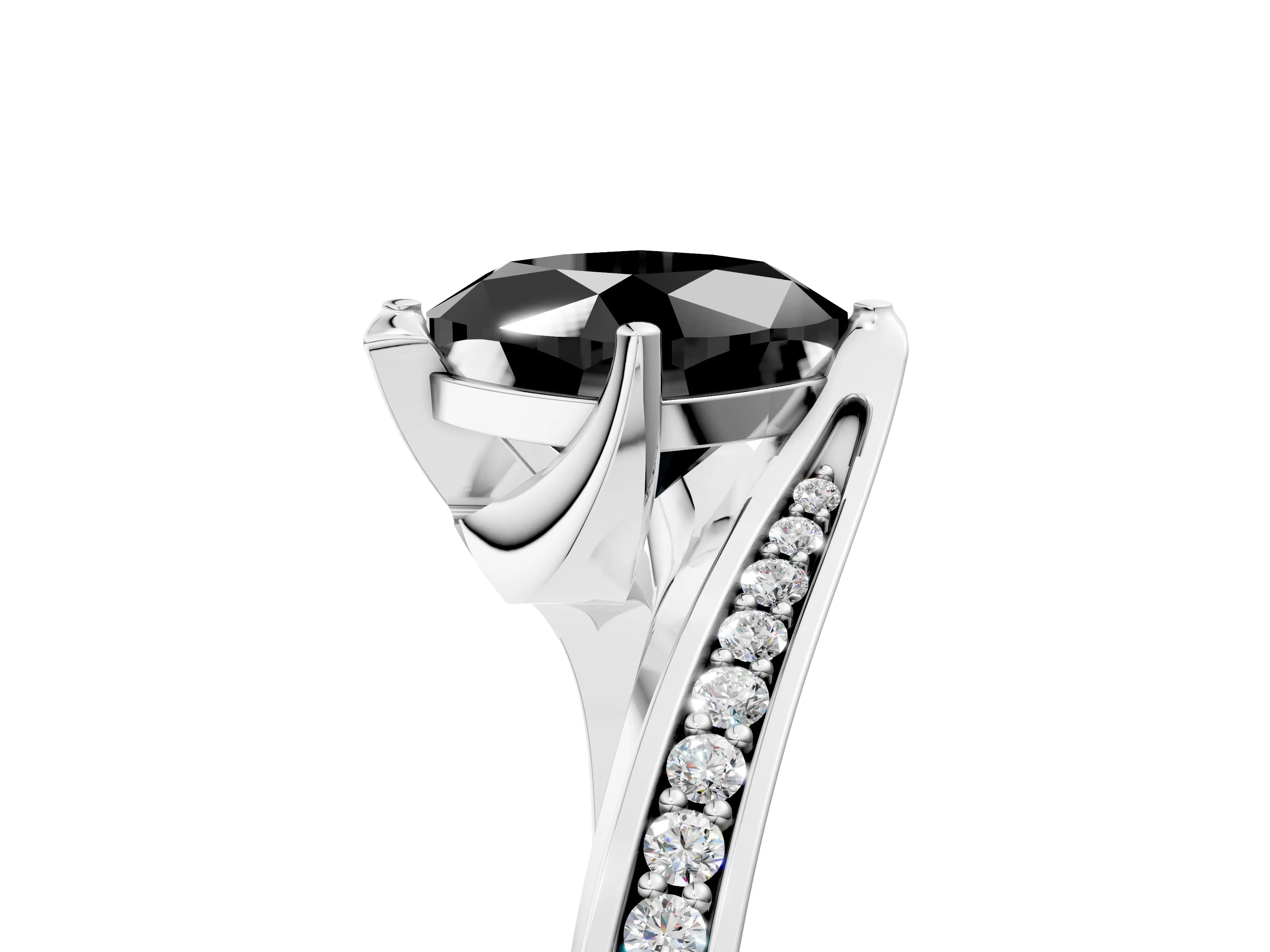 White gold Fancy Black Cushion Cut Solitaire Diamond Twist Band with Pavé Setting and Four-Prong Setting_17