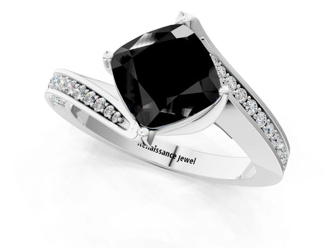 White gold Fancy Black Cushion Cut Solitaire Diamond Twist Band with Pavé Setting and Four-Prong Setting_1