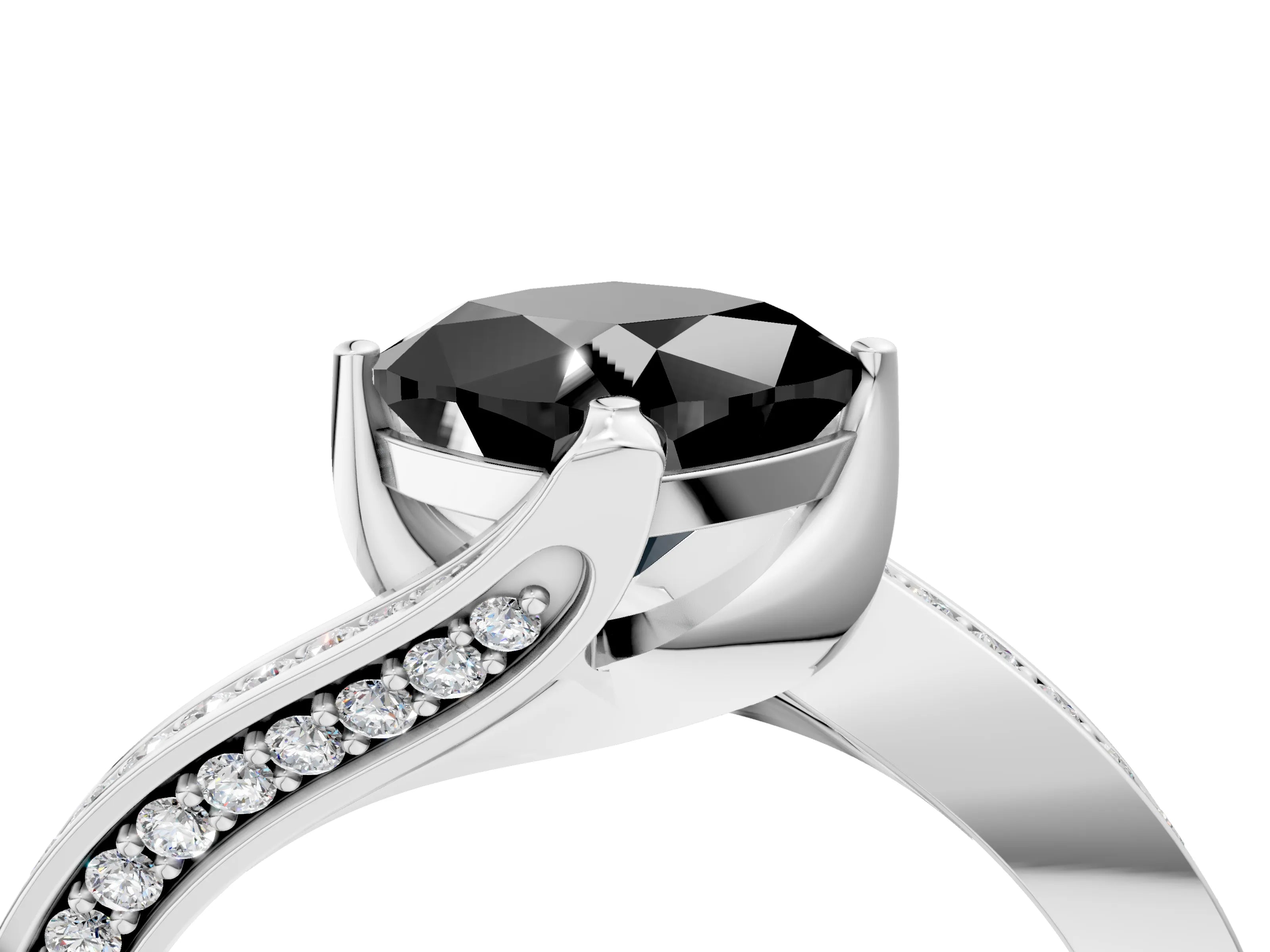 White gold Fancy Black Cushion Cut Solitaire Diamond Twist Band with Pavé Setting and Four-Prong Setting_4
