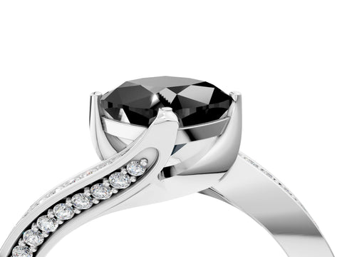 White gold Fancy Black Cushion Cut Solitaire Diamond Twist Band with Pavé Setting and Four-Prong Setting_4