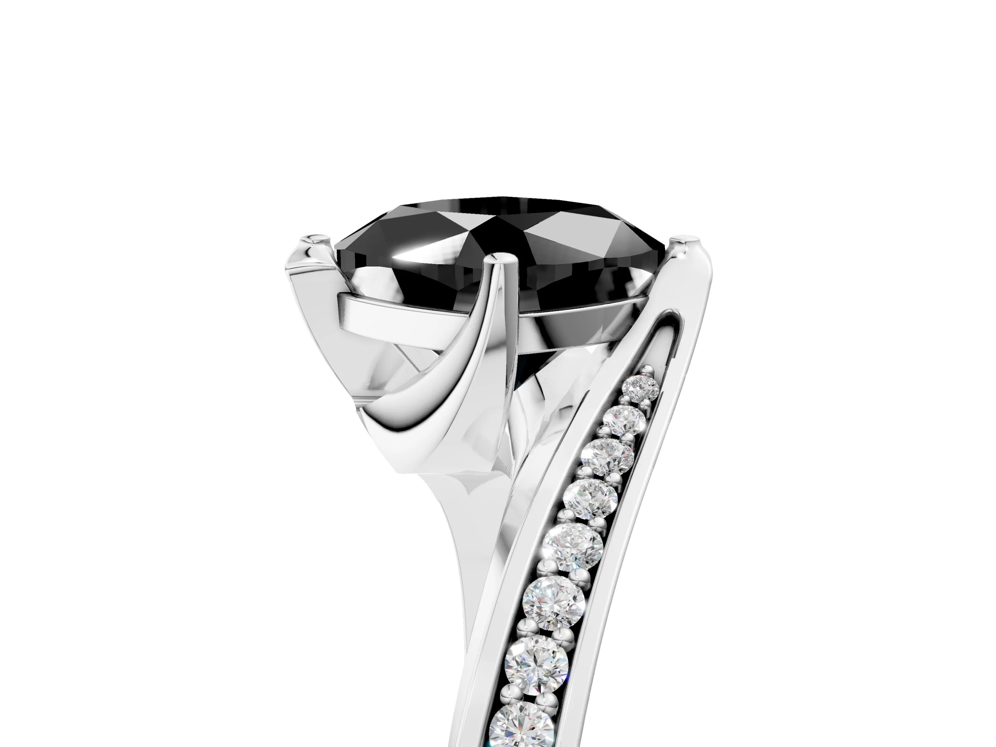White gold Fancy Black Cushion Cut Solitaire Diamond Twist Band with Pavé Setting and Four-Prong Setting_5