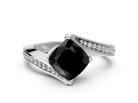 White gold Fancy Black Cushion Cut Solitaire Diamond Twist Band with Pavé Setting and Four-Prong Setting