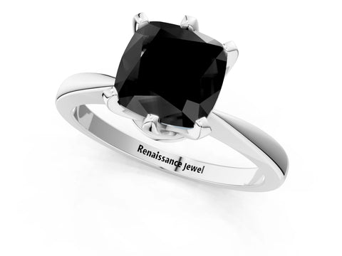 White gold Fancy Black Cushion Cut Solitaire Engagement Ring with Six-Prong Setting and Tapered Band_1