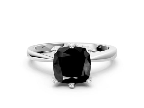 White gold Fancy Black Cushion Cut Solitaire Engagement Ring with Six-Prong Setting and Tapered Band