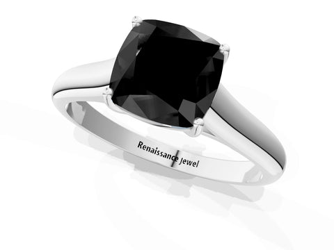White gold Fancy Black Cushion Cut Solitaire Engagement Ring with Tapered Band and Four-Prong Setting_12