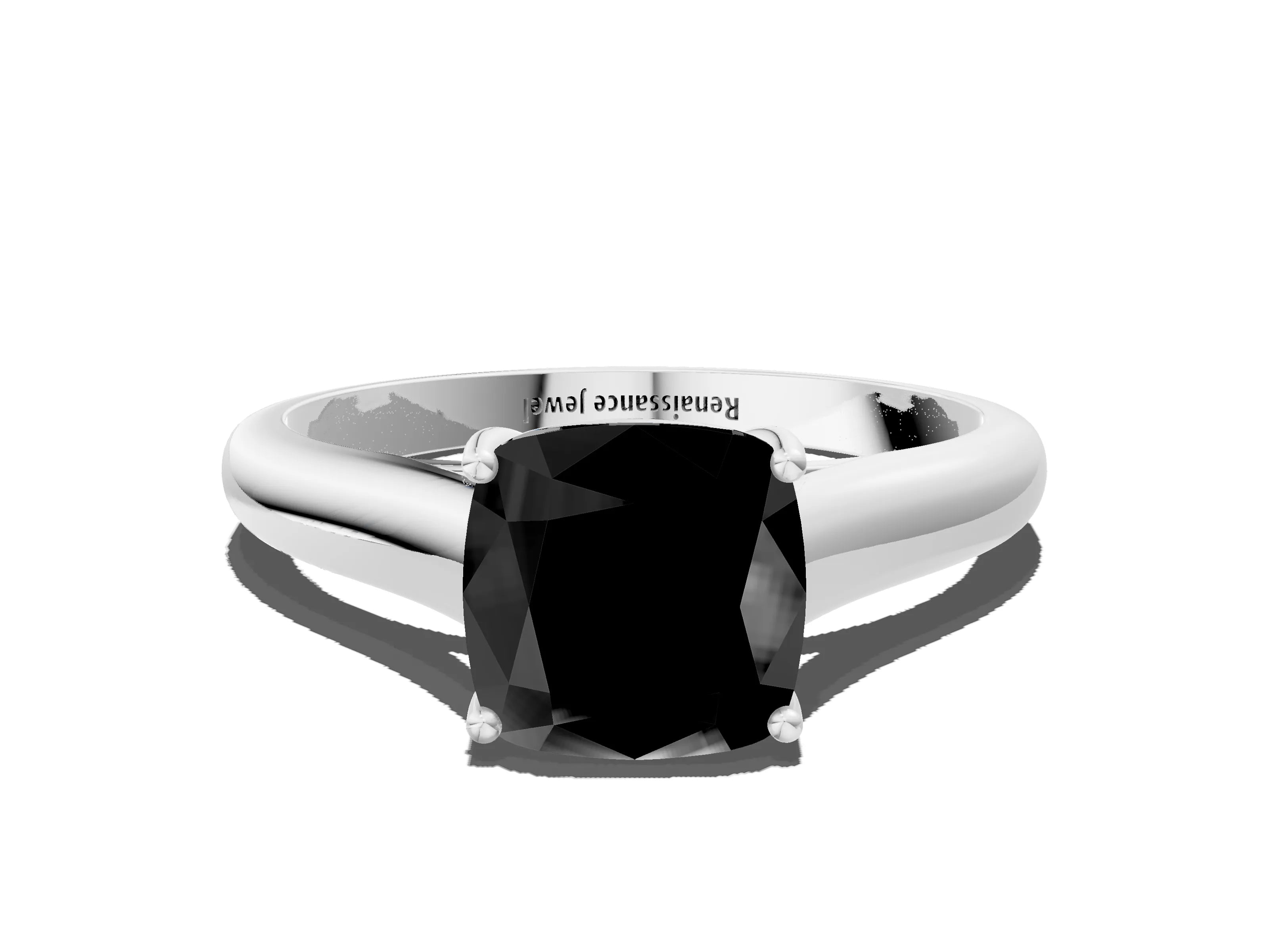White gold Fancy Black Cushion Cut Solitaire Engagement Ring with Tapered Band and Four-Prong Setting_15