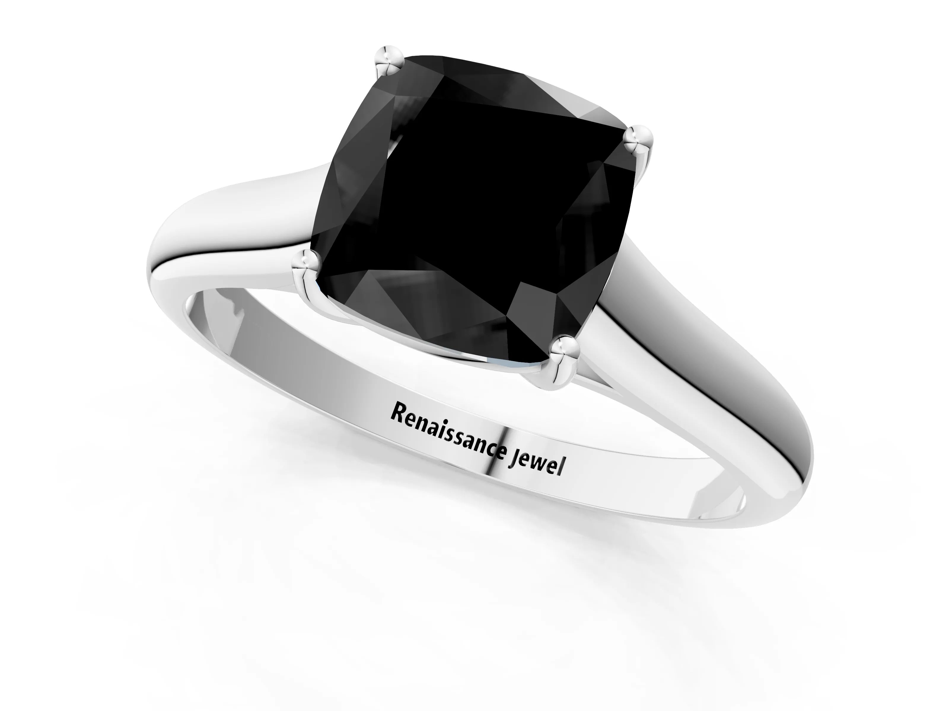 White gold Fancy Black Cushion Cut Solitaire Engagement Ring with Tapered Band and Four-Prong Setting_28
