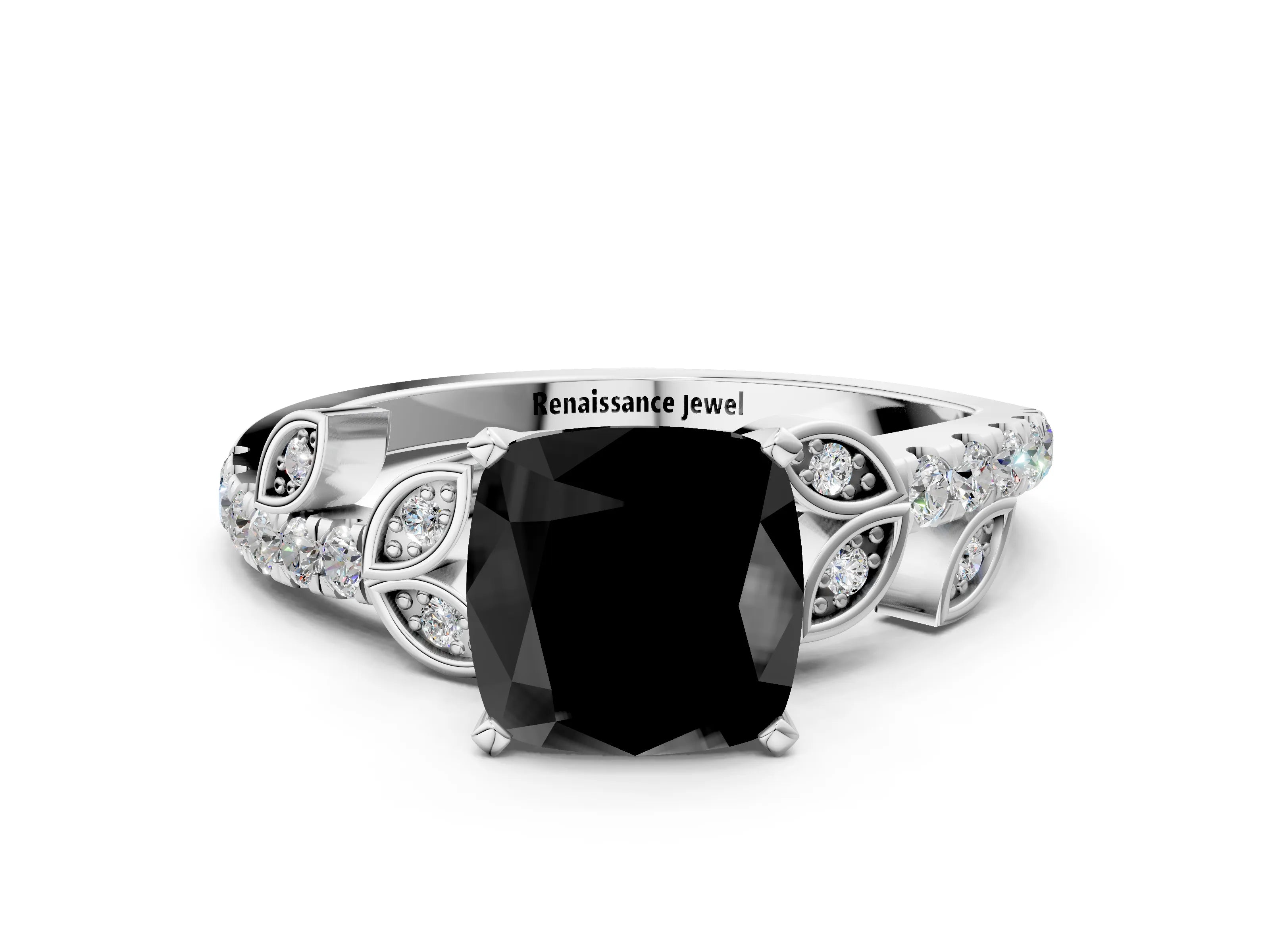 White gold Fancy Black Cushion Cut Solitaire Leaf-Inspired Diamond Ring with Pavé Band and Four-Prong Setting_12