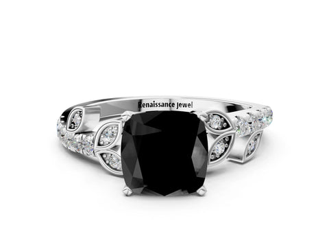 White gold Fancy Black Cushion Cut Solitaire Leaf-Inspired Diamond Ring with Pavé Band and Four-Prong Setting_12