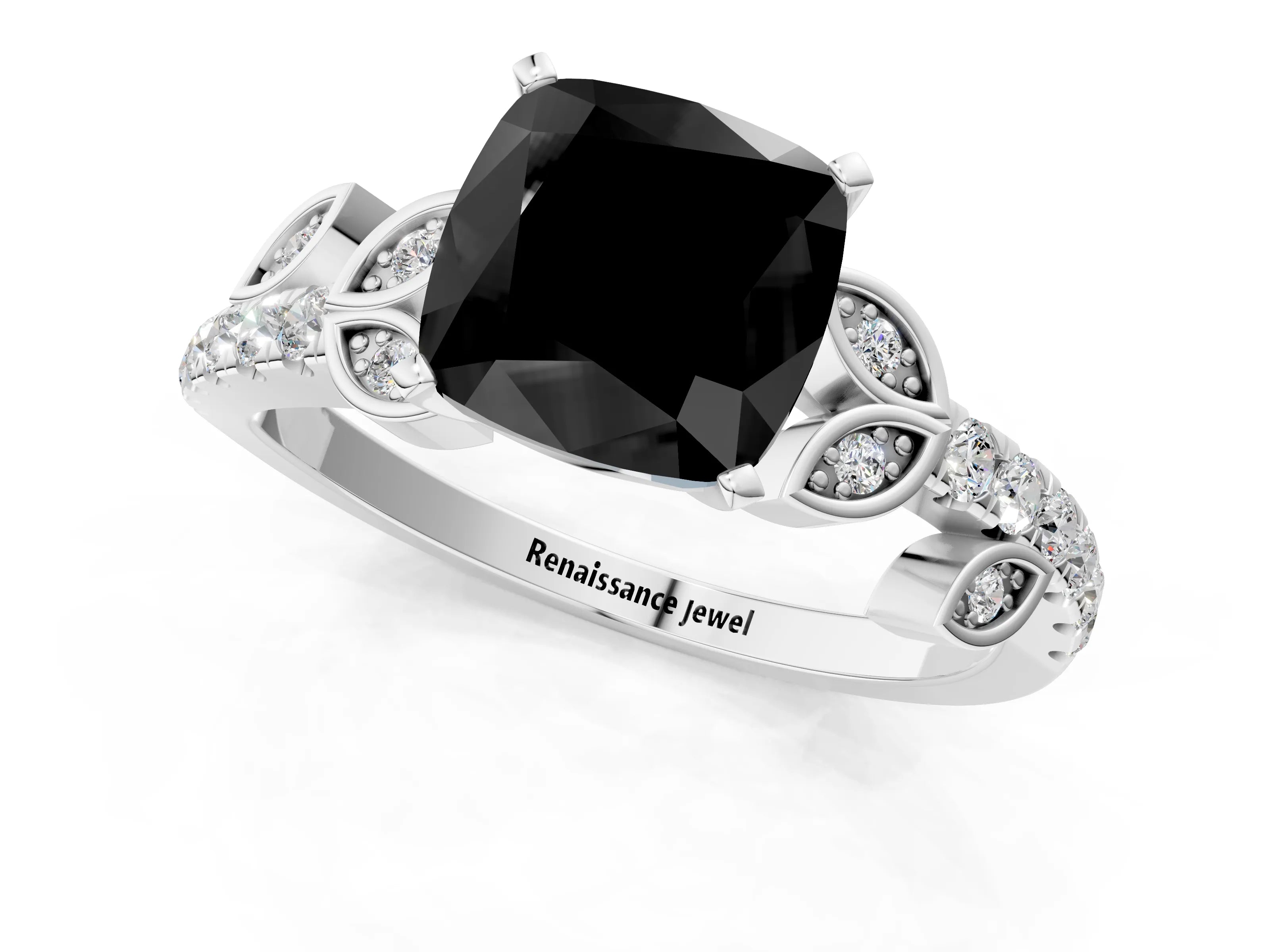 White gold Fancy Black Cushion Cut Solitaire Leaf-Inspired Diamond Ring with Pavé Band and Four-Prong Setting_13