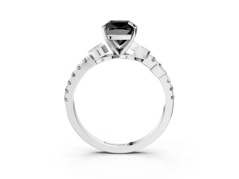 White gold Fancy Black Cushion Cut Solitaire Leaf-Inspired Diamond Ring with Pavé Band and Four-Prong Setting_15