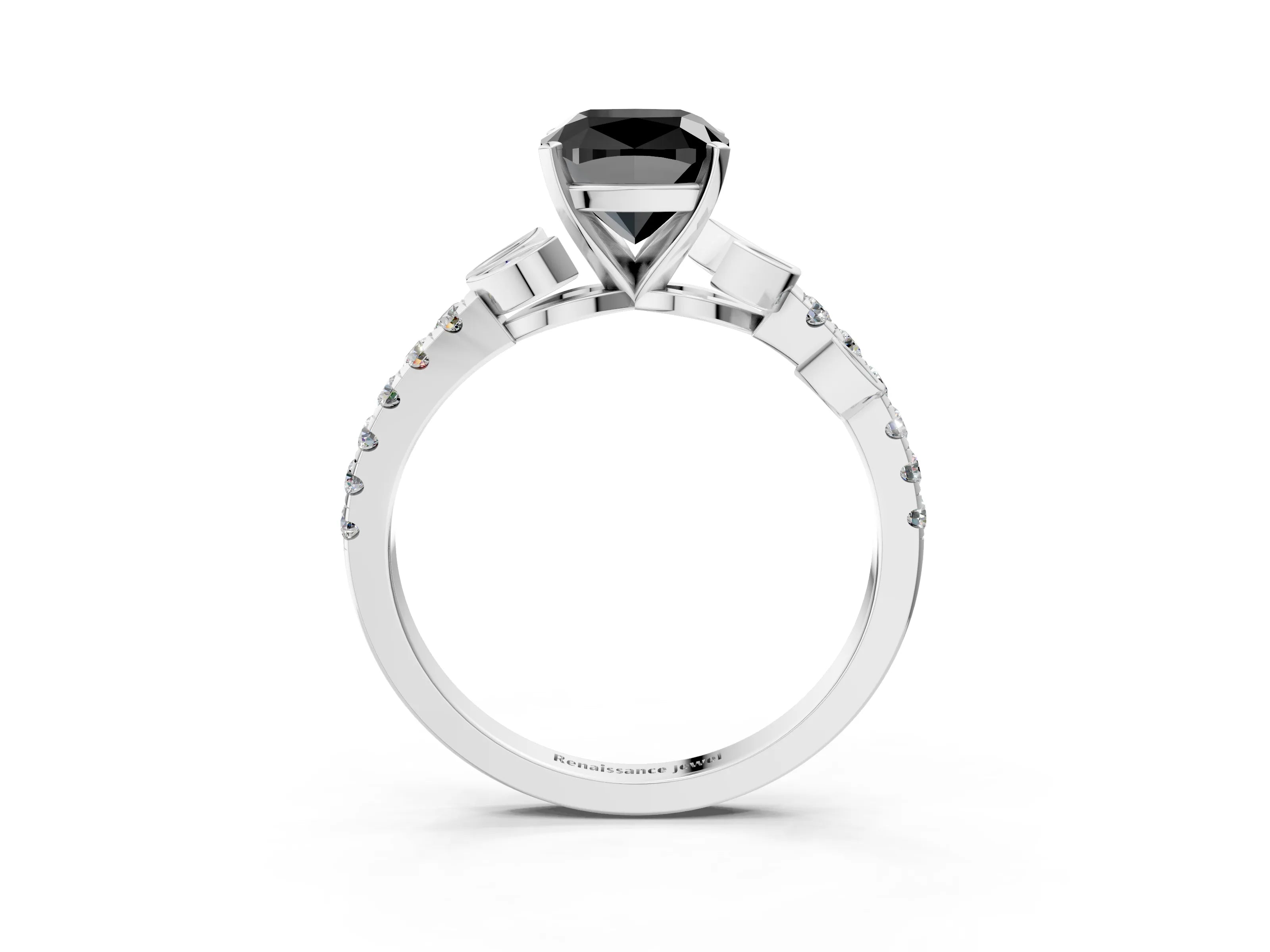 White gold Fancy Black Cushion Cut Solitaire Leaf-Inspired Diamond Ring with Pavé Band and Four-Prong Setting_15