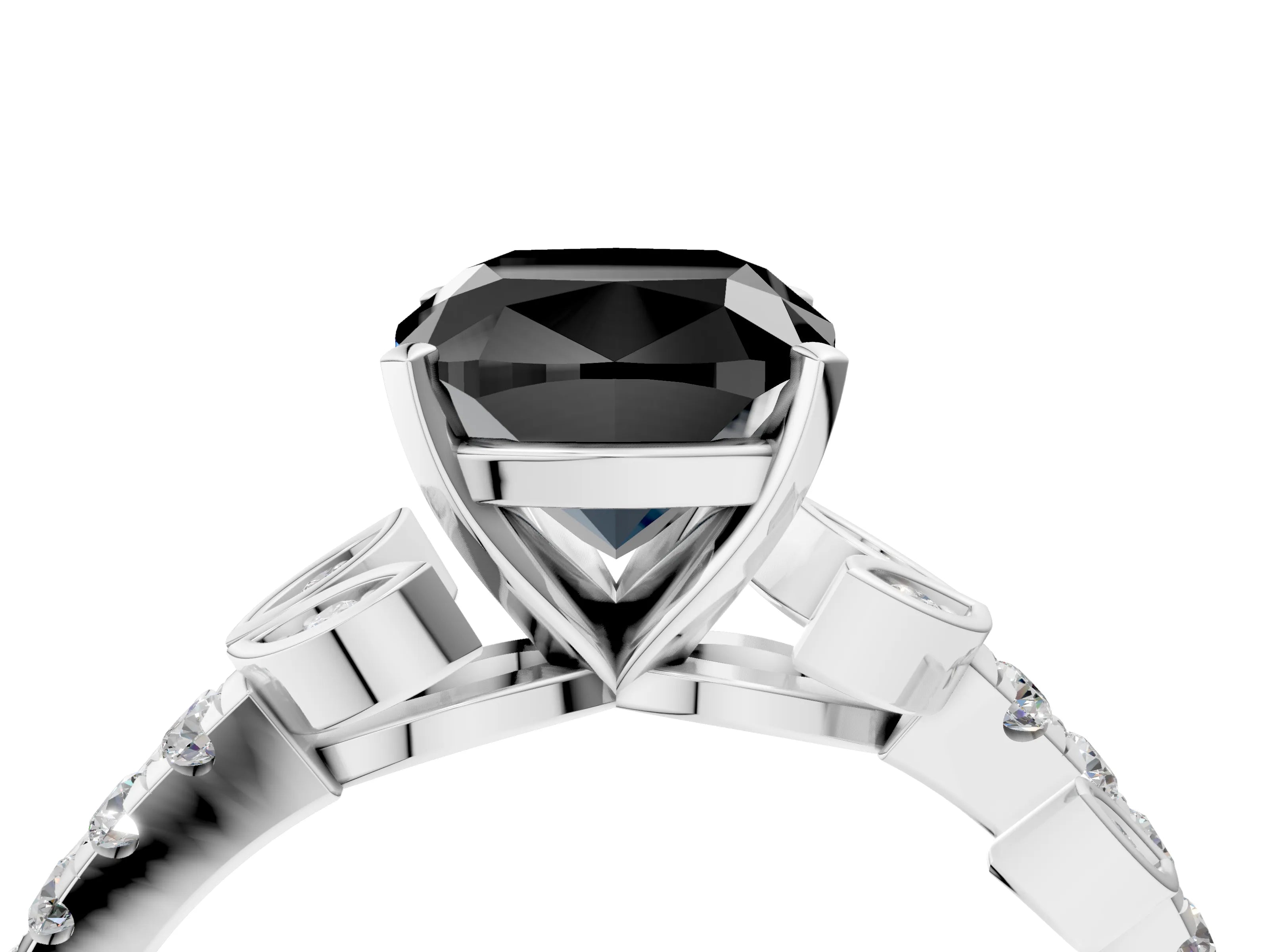 White gold Fancy Black Cushion Cut Solitaire Leaf-Inspired Diamond Ring with Pavé Band and Four-Prong Setting_16