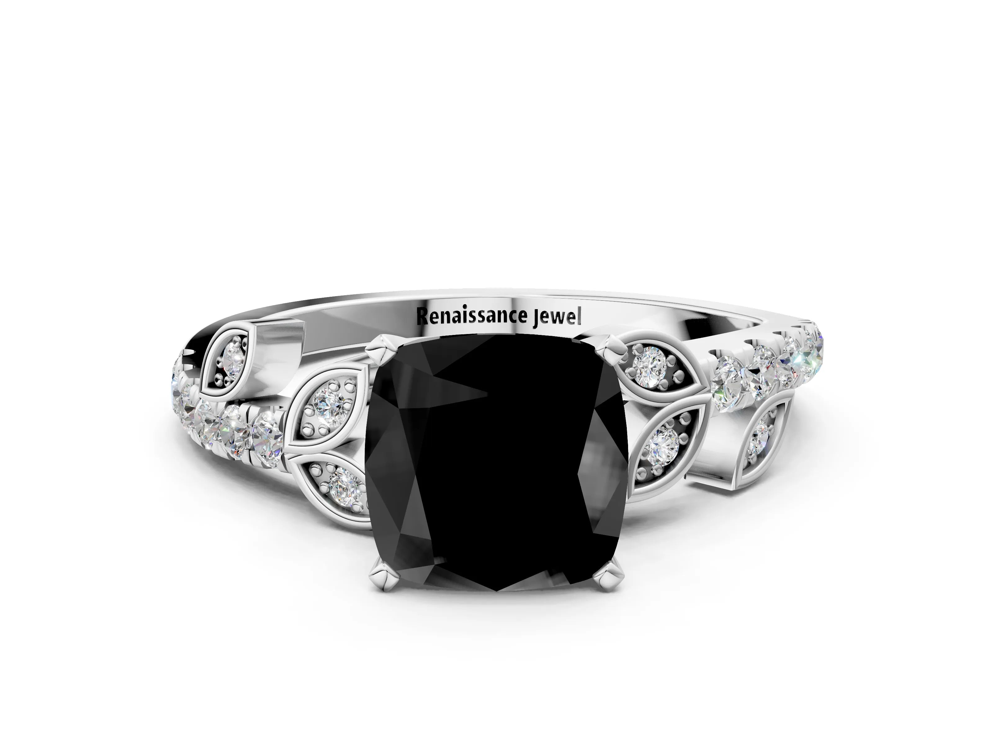 White gold Fancy Black Cushion Cut Solitaire Leaf-Inspired Diamond Ring with Pavé Band and Four-Prong Setting_24