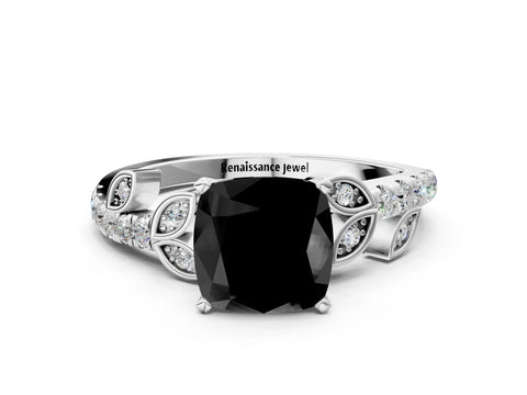 White gold Fancy Black Cushion Cut Solitaire Leaf-Inspired Diamond Ring with Pavé Band and Four-Prong Setting_24