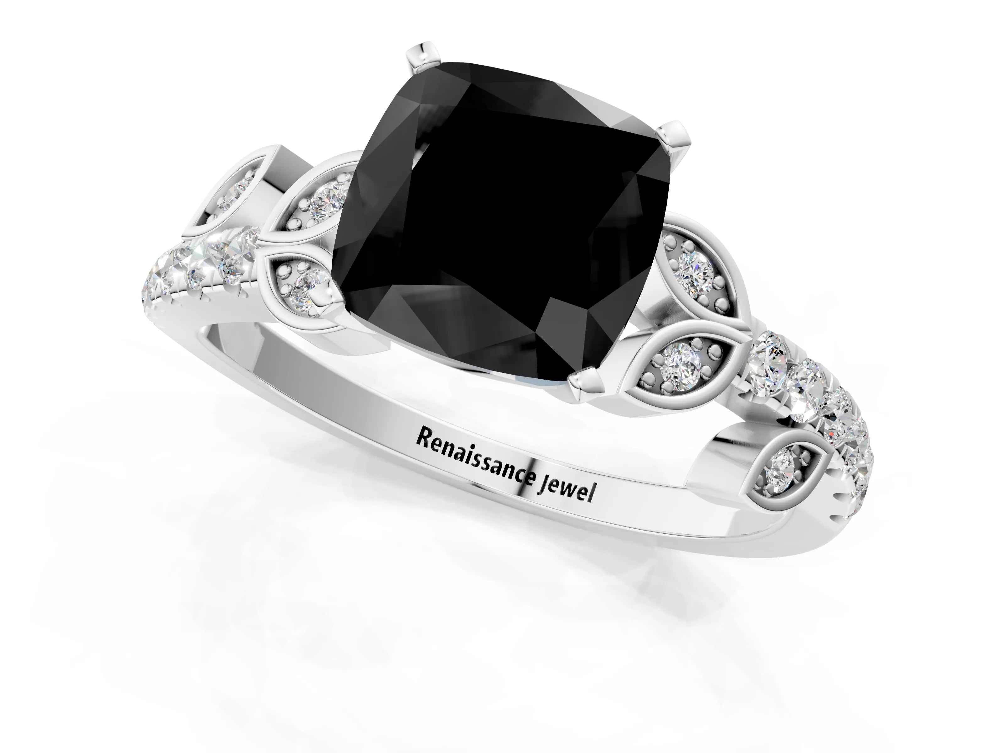 White gold Fancy Black Cushion Cut Solitaire Leaf-Inspired Diamond Ring with Pavé Band and Four-Prong Setting_25
