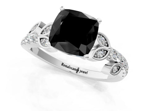 White gold Fancy Black Cushion Cut Solitaire Leaf-Inspired Diamond Ring with Pavé Band and Four-Prong Setting_25