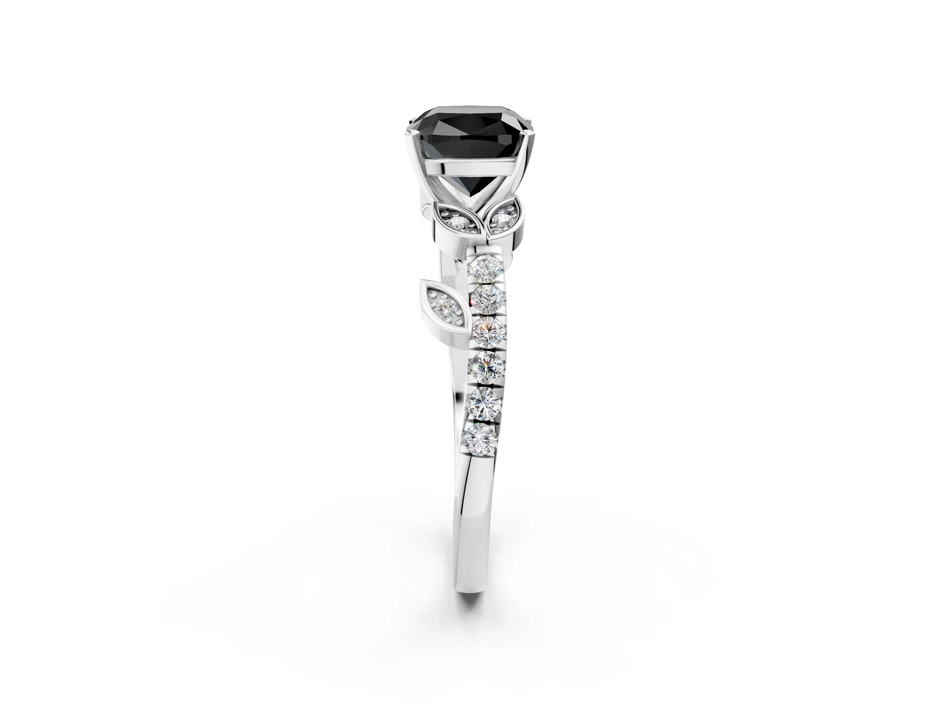 White gold Fancy Black Cushion Cut Solitaire Leaf-Inspired Diamond Ring with Pavé Band and Four-Prong Setting_26