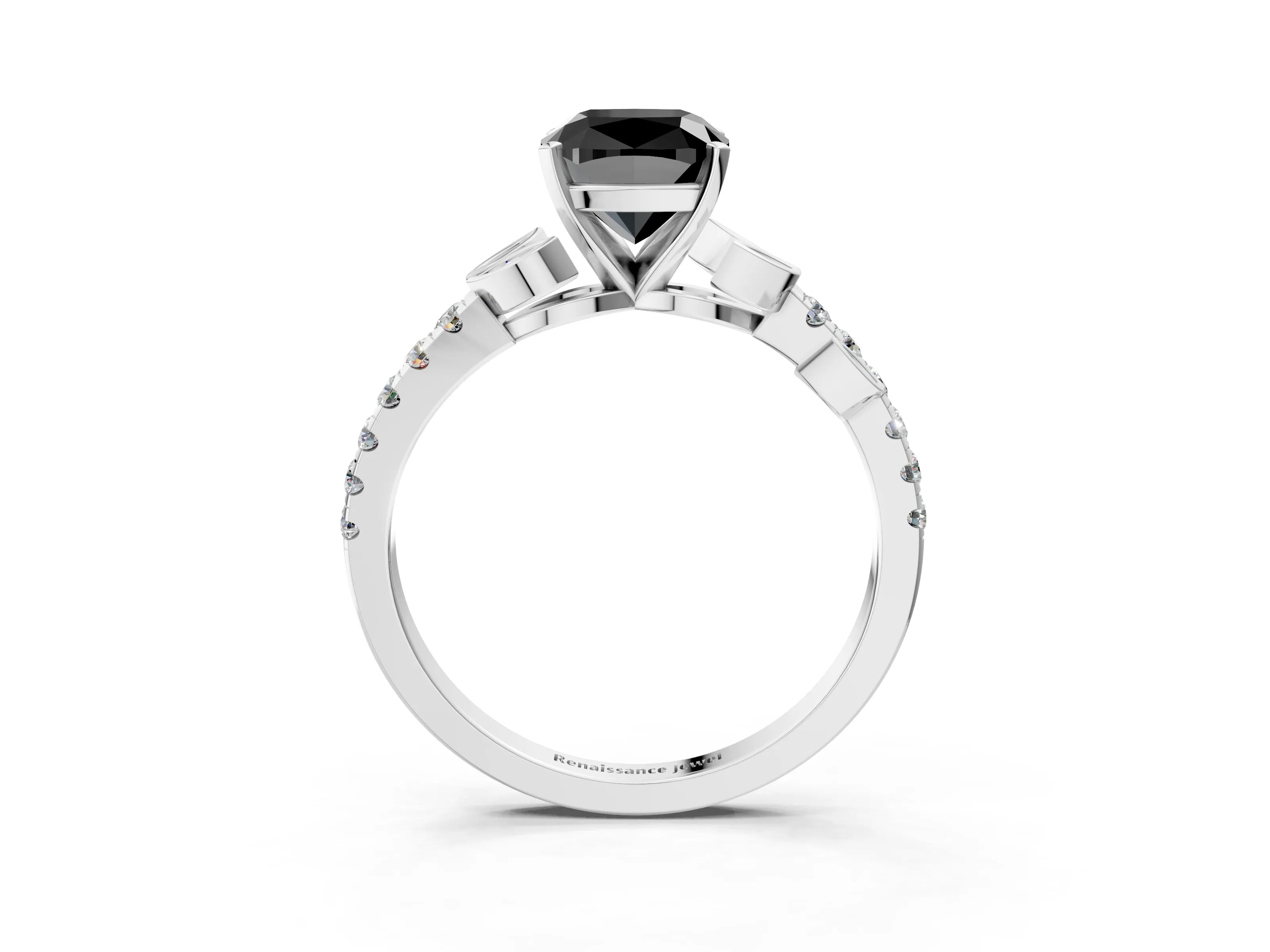 White gold Fancy Black Cushion Cut Solitaire Leaf-Inspired Diamond Ring with Pavé Band and Four-Prong Setting_27
