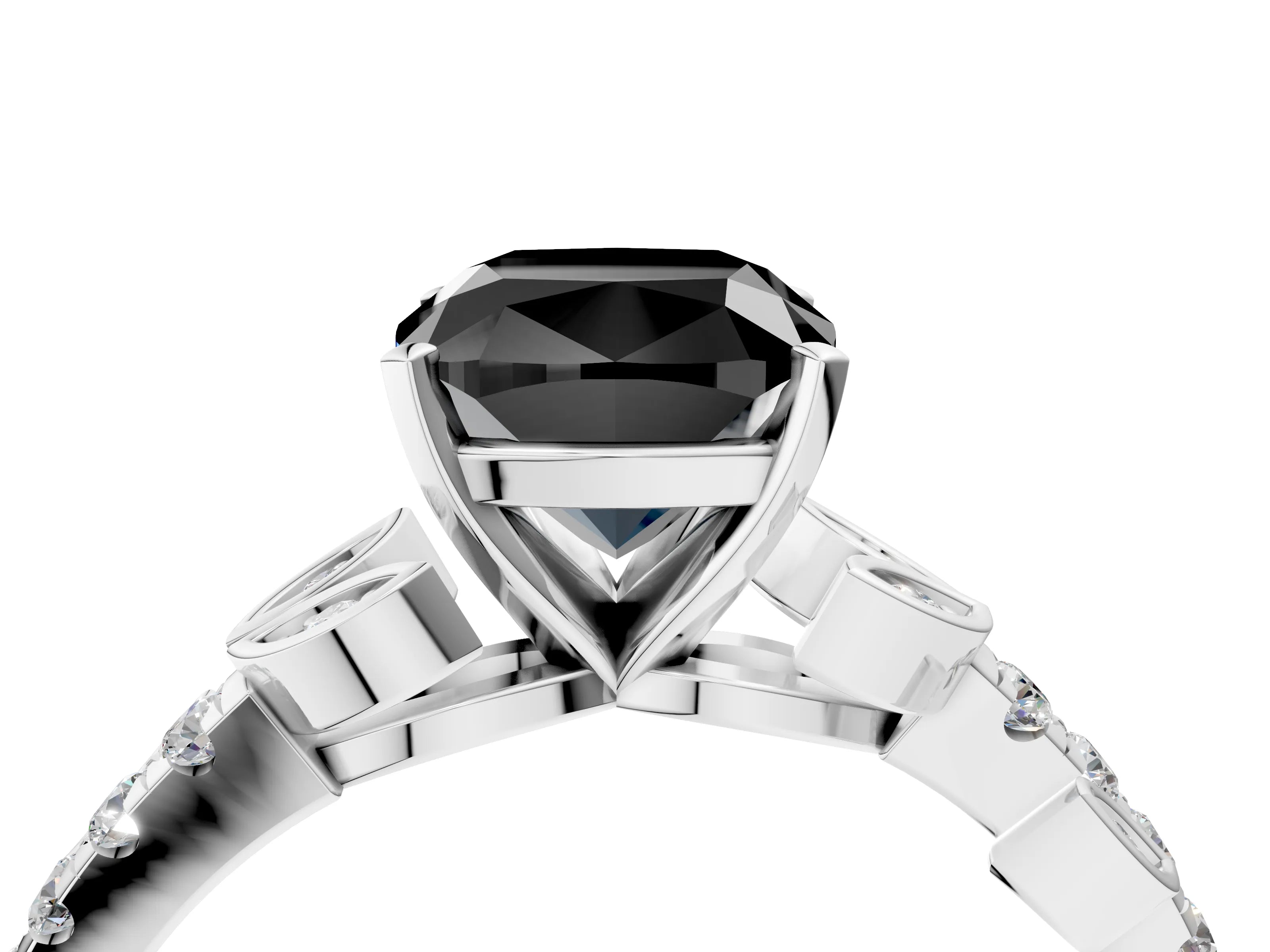White gold Fancy Black Cushion Cut Solitaire Leaf-Inspired Diamond Ring with Pavé Band and Four-Prong Setting_28