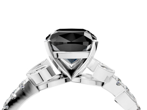 White gold Fancy Black Cushion Cut Solitaire Leaf-Inspired Diamond Ring with Pavé Band and Four-Prong Setting_28