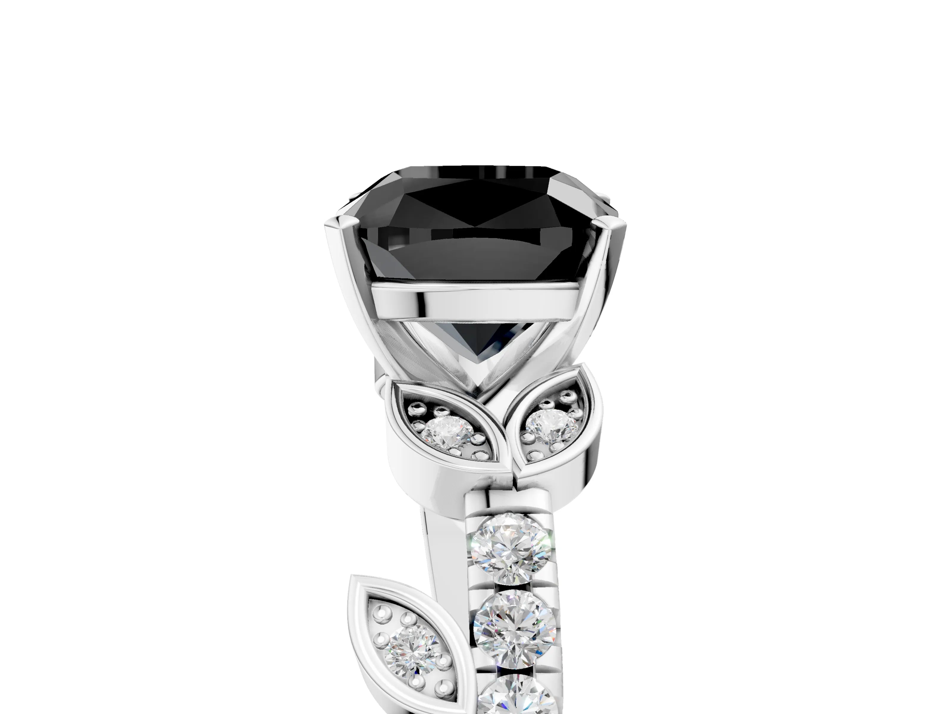 White gold Fancy Black Cushion Cut Solitaire Leaf-Inspired Diamond Ring with Pavé Band and Four-Prong Setting_29