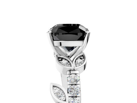 White gold Fancy Black Cushion Cut Solitaire Leaf-Inspired Diamond Ring with Pavé Band and Four-Prong Setting_29
