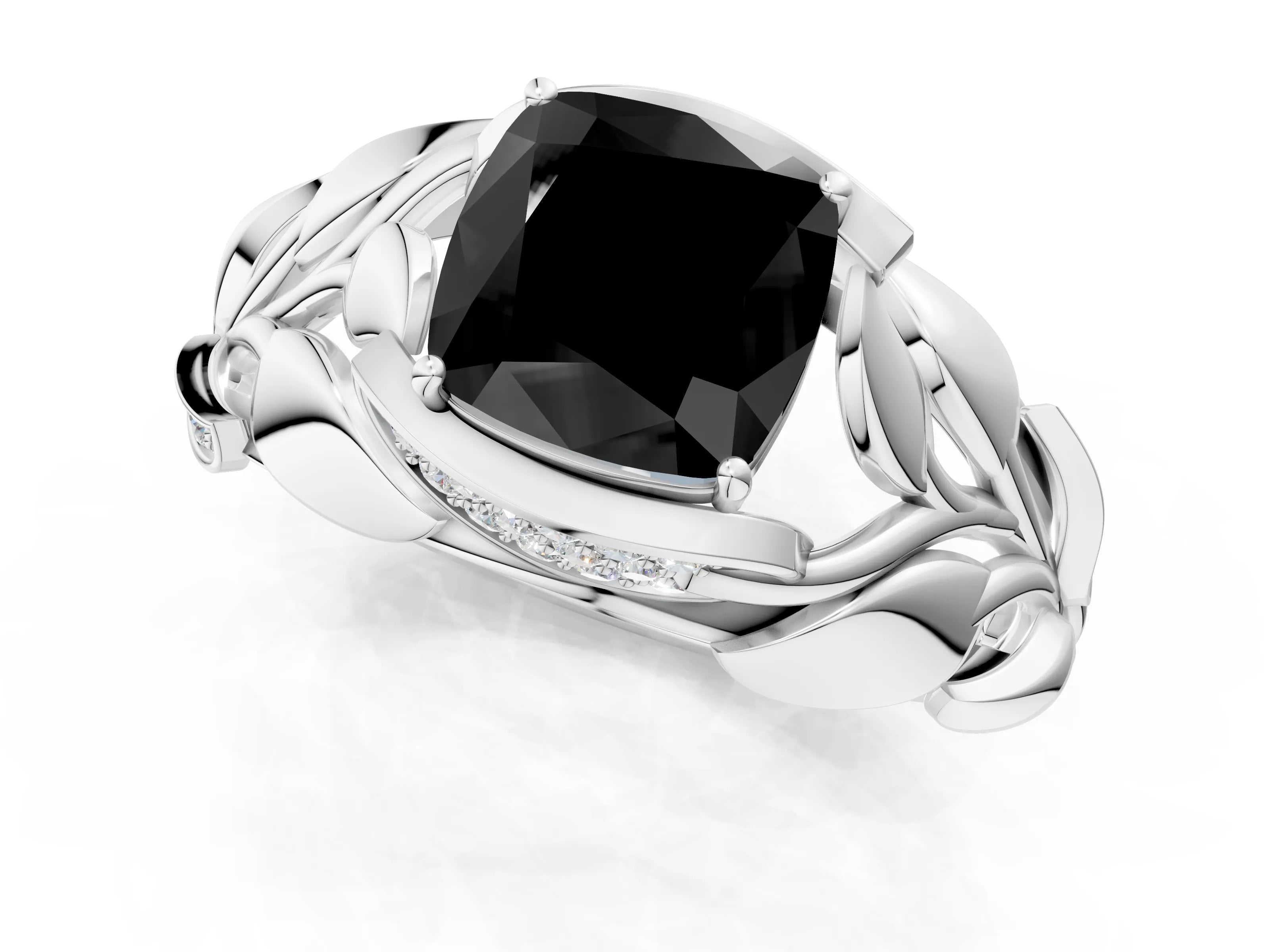 White gold Fancy Black Cushion Cut Solitaire Leaf-Inspired Engagement Ring with Prong Setting_1